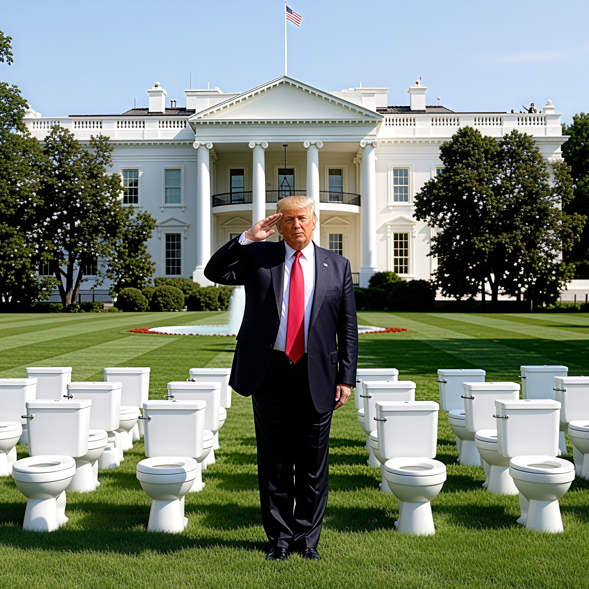 Trump saluting the troops... a phalanx of toilets